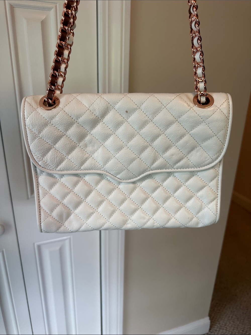 Rebecca Minkoff Quilted Shoulder Bag in White with Rose Gold Chain